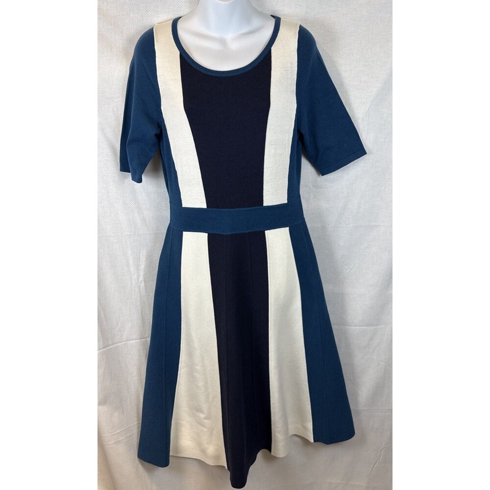 Boden Sweater Knit Dress 8L Navy Peacock Ivory Fit Flare Short Sleeve Tall